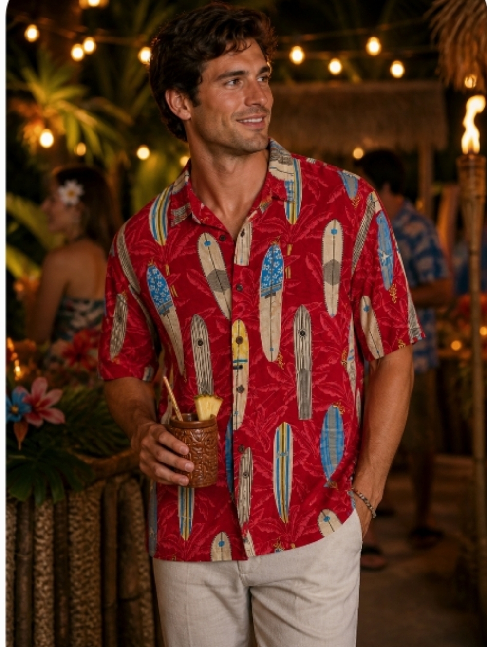Tiki Palm Red Men's Surfboard Longboard Hawaiian Shirt XL